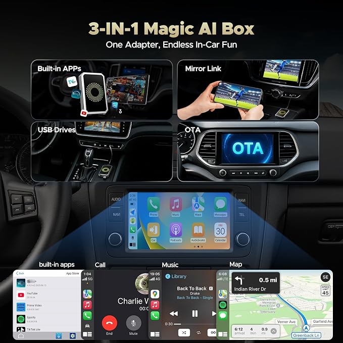 TOGUARDGO 3-in-1 Wireless Carplay Adapter Magic AI Box with YouTube TikTok APPs Upgrade Wired Car Play to Wireless Support USB Drive for iPhone 10+ and Android 13+