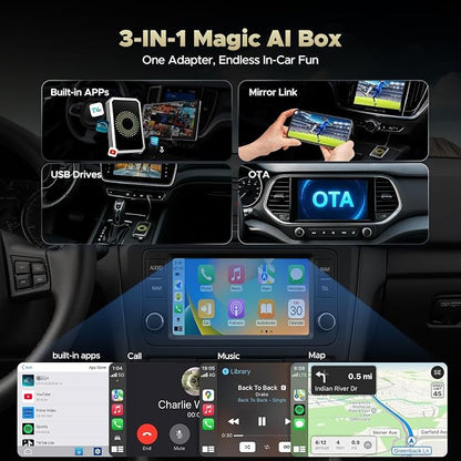 TOGUARDGO 3-in-1 Wireless Carplay Adapter Magic AI Box with YouTube TikTok APPs Upgrade Wired Car Play to Wireless Support USB Drive for iPhone 10+ and Android 13+