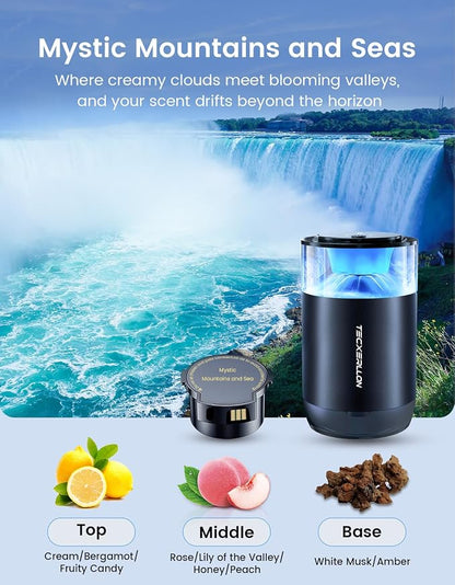 TECXERLLON Smart Car Air Freshener Diffuser with Ambient Light, Oil Level Indicator, 2 Scent Refills, Auto On/Off, 4 Mist Modes, 1600 Sprays Rechargeable Aroma Diffuser for Car, Home, Office, Bedroom