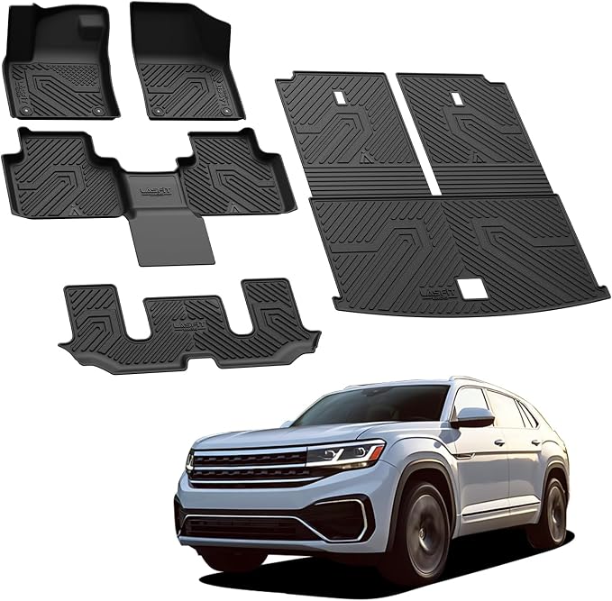 LASFIT TPE All-Weather Floor Mats Full Set for Volkswagen Atlas 2019–2026, 6-Seat Captain’s Chairs, 3-Row Floor Mats, Cargo Liner & Seatback Liners, Black