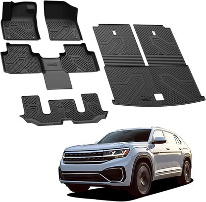 LASFIT TPE All-Weather Floor Mats Full Set for Volkswagen Atlas 2019–2026, 6-Seat Captain’s Chairs, 3-Row Floor Mats, Cargo Liner & Seatback Liners, Black