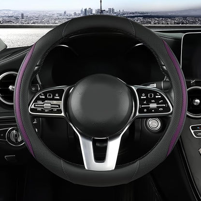 Car Steering Wheel Cover, Leather Steering Wheel Cover Purple Universal 14.5-15 Inch Microfiber Leather Anti-Slip Breathable Auto Steering Wheel Covers for Men Women (Black&Purple)