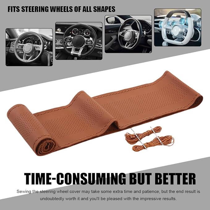 Wevdn Genuine Leather Steering Wheel Cover, Stitch on Wrap, DIY Sewing Steering Wheel Protector, 15 Inch Breathable Non-Slip Steering Wheel Protector, Car Accessories (Brown, Middle Hole)