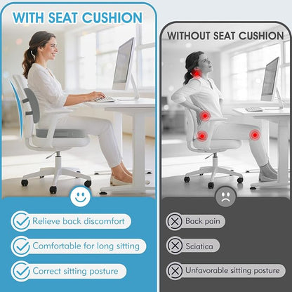 CushZone Ergonomic Seat Cushion & Lumbar Support Pillow - Memory Foam for Sciatica Pain Relief & Posture Correction, Non-Slip Chair Cushions for Office Chair/Car/Wheelchair/Travel, Light Grey
