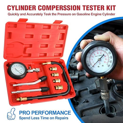 BETOOLL 9pcs Compression Tester with Spark Plug Tester - 300PSI Car and Motorcycle Engine Cylinder Compression Gauge Automotive Tool