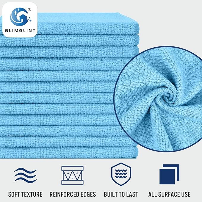 GLIMGLINT Blue Microfiber Cleaning Cloth,12PK Reusable Cleaning Rags, Highly Absorbent Shop Rags Bulk, All-Purpose Car Cleaning Towels for TV Screen, Kitchen, Bathroom, Restaurant Garage, 14"X12"