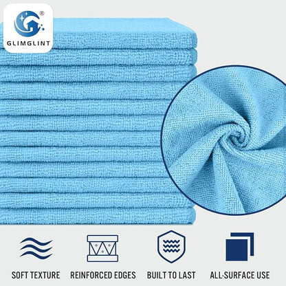 GLIMGLINT Blue Microfiber Cleaning Cloth,12PK Reusable Cleaning Rags, Highly Absorbent Shop Rags Bulk, All-Purpose Car Cleaning Towels for TV Screen, Kitchen, Bathroom, Restaurant Garage, 14"X12"