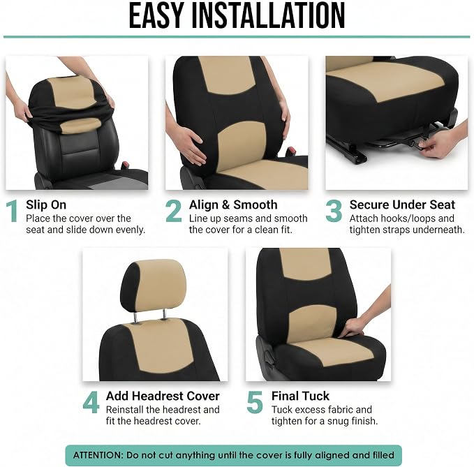 FH Group Automotive Seat Covers Flat Cloth Full Set Beige Combo Small Car Seat Cover Design, Rear Solid Bench Universal Fit and Car Seat Protector for Vans Cars Trucks and SUV Interior Accessories