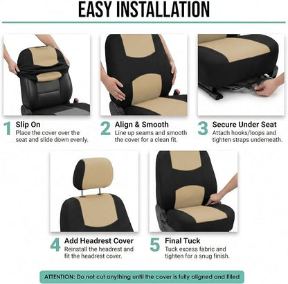 FH Group Automotive Seat Covers Flat Cloth Full Set Beige Combo Small Car Seat Cover Design, Rear Solid Bench Universal Fit and Car Seat Protector for Vans Cars Trucks and SUV Interior Accessories