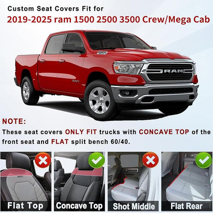Huidasource Dodge Ram Front & Rear Seat Covers, Leather Car Seat Cover Full Coverage Waterproof Truck Seat Cushion Protector Fit for 2019-2025 RAM 1500 2500 3500 Crew/Mega Cab(Full Set/Black&Red)