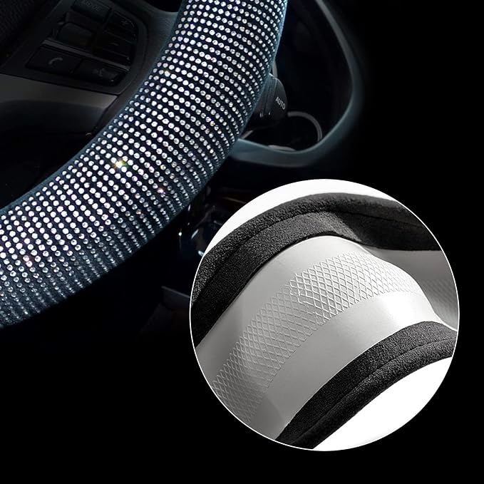 Valleycomfy Steering Wheel Cover for Women Men Bling Bling Crystal Diamond Sparkling Car SUV Wheel Protector Universal Fit 15 Inch (Black with White Diamond,Standard Size(14" 1/2-15" 1/4))