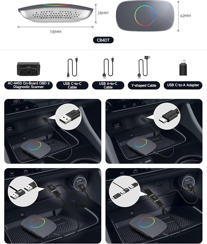 Wireless Carplay Adapter - Magic AI Box CarPlay Android Auto Wireless, Dual Wi-Fi & BT, Gen AI, HDMI Output, USB Playback, OBD, Video Box for YouTube, Netflix, Prime Video, Spotify CB4BT