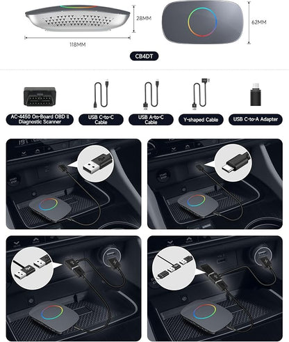 Wireless Carplay Adapter - Magic AI Box CarPlay Android Auto Wireless, Dual Wi-Fi & BT, Gen AI, HDMI Output, USB Playback, OBD, Video Box for YouTube, Netflix, Prime Video, Spotify CB4BT