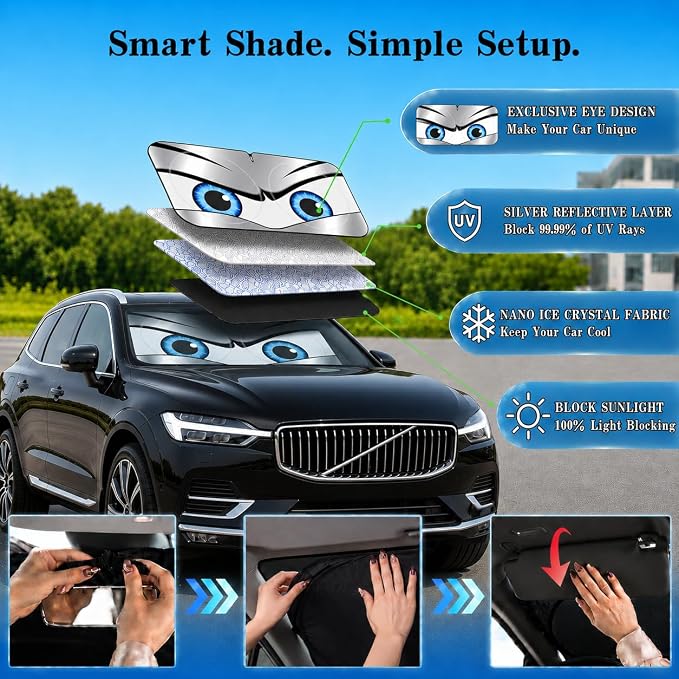 Car Windshield Sun Shade, Funny Eyes Foldable Front Window Sunshade, UV Heat Protection Windshield Cover Universal Fits Crossover Mid-Large Sedan SUV Family Vehicle - 63 x 31.5