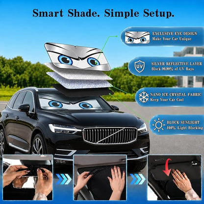 Car Windshield Sun Shade, Funny Eyes Foldable Front Window Sunshade, UV Heat Protection Windshield Cover Universal Fits Crossover Mid-Large Sedan SUV Family Vehicle - 63 x 31.5