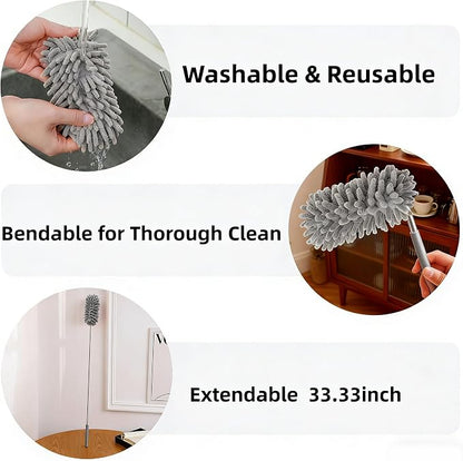 Microfiber Duster for Cleaning, GMLKRY Hand Washable Dusters with 3pcs Replaceable Microfiber Head, Extendable Pole, Detachable Cleaning Supplies for Office, Car, Window, Furniture (Gray)