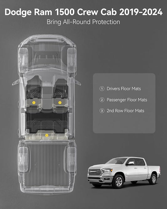 3W Floor Mats Fit for 2019-2024 Dodge Ram 1500 Crew Cab New Body (NOT Classic Models) Without Storage, TPE All Weather Custom Fit Floor Liner for Ram 1500, 1st and 2nd Row Full Set Car Mats