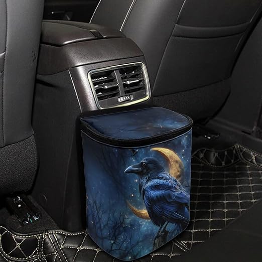 Talayituse Crow Moon Galaxy Print Car Trash Can Portable Auto Garbage Bin Multifunctional Vehicle Interior Accessories with Adjustable Straps Universal Fit Truck SUV Sedan