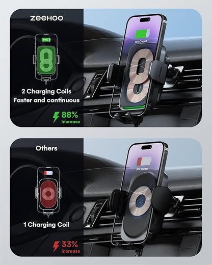 ZEEHOO Wireless Car Charger, DUOXX Dual Coils 15W Fast Charging Auto-Clamping Car Mount, Dashboard, Vent Charging Phone Holder for iPhone 17 16 15 14 13 12, S23 Ultra, Z Flip4 3, etc