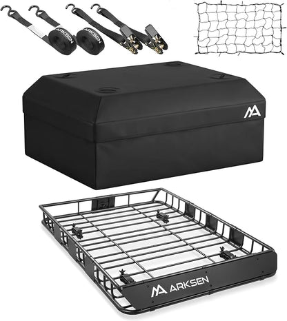 ARKSEN 54" x 39" x 5" Roof Rack Cargo Basket with Extension, Heavy Duty Steel Rooftop Carrier with Waterproof Bag, Net&Tie Down Straps, 150 lbs Capacity, Universal Fit for SUV, Truck, RV, Pickup