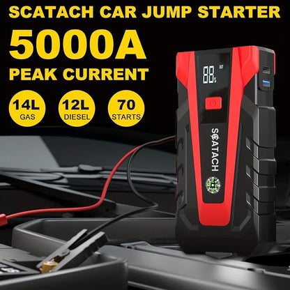 Scatach 5000A Jump Starter, 12V Jump Starter Battery Pack Portable (up to 9.0L Gasoline and 7.0L Diesel Engine), Car Battery Jump Starter Jump Box with LED Light and Jumper Cables