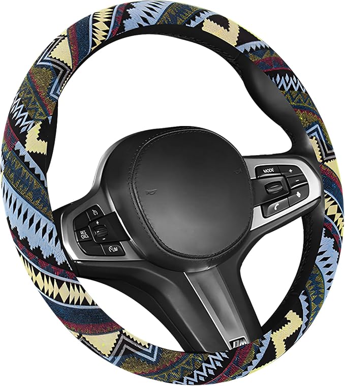 Boho Car Steering Wheel Cover, Ethnic Style Anti-Slip Coarse Flax Cloth Auto Wheel Cover, Bohemian Steering Wheel Protector for Most SUVs Vans Trucks, Car Accessories (Style H)