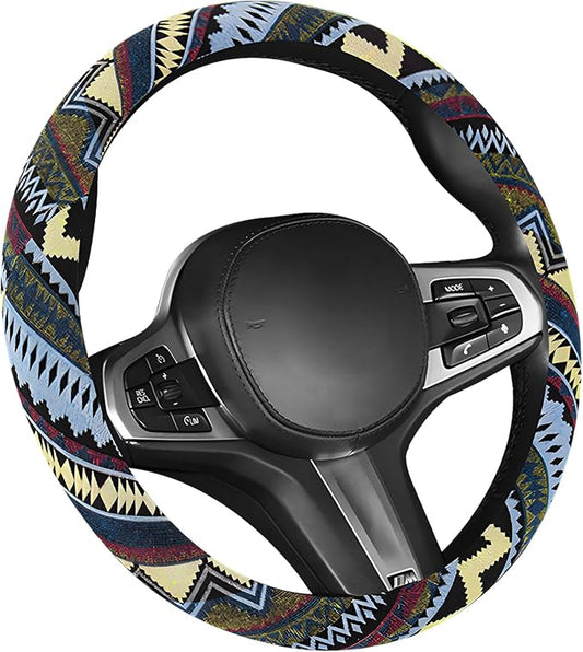 Boho Car Steering Wheel Cover, Ethnic Style Anti-Slip Coarse Flax Cloth Auto Wheel Cover, Bohemian Steering Wheel Protector for Most SUVs Vans Trucks, Car Accessories (Style H)