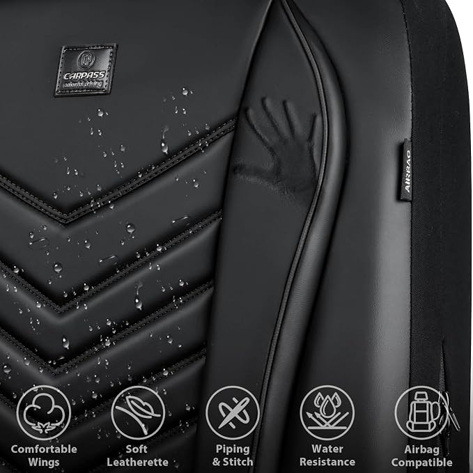 CAR PASS 3D Foam Faux Leather Seat Covers Full Set,Waterproof Leather Seat Cover for Cars,Luxury Universal Fit for SUV Truck Sedan Automotive, Armrest Airbag Compatible Anti-Slip, All Black