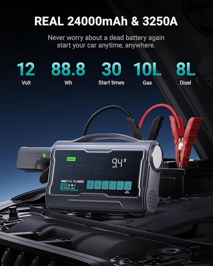 JS3 Real 3250A Jump Starter with Air Compressor 160PSI, 12V Car Battery Booster with Display, Jump Box with Light, Support 65W Fast Charging Power Bank, 10L Gas/8L Diesel Engines