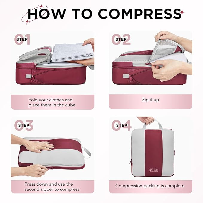 OlarHike 10-Pack Compression Packing Cubes for Travel Essentials,Compressible Expandable Packing Cubes for Suitcase,Luggage Garment Bags for Travel,Handy Helper for Organizing Clothes(Wine Red)