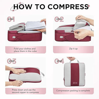 OlarHike 10-Pack Compression Packing Cubes for Travel Essentials,Compressible Expandable Packing Cubes for Suitcase,Luggage Garment Bags for Travel,Handy Helper for Organizing Clothes(Wine Red)