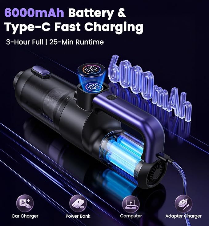 Car Vacuum Portable Cordless, 4-in-1 18000Pa Handheld Vacuum Cordless with LED Light, 120W Brushless Motor, 6000mAh Rechargeable Hand Mini Vacuum with Multi-Nozzles for Car, Home, Office & Pet Hair