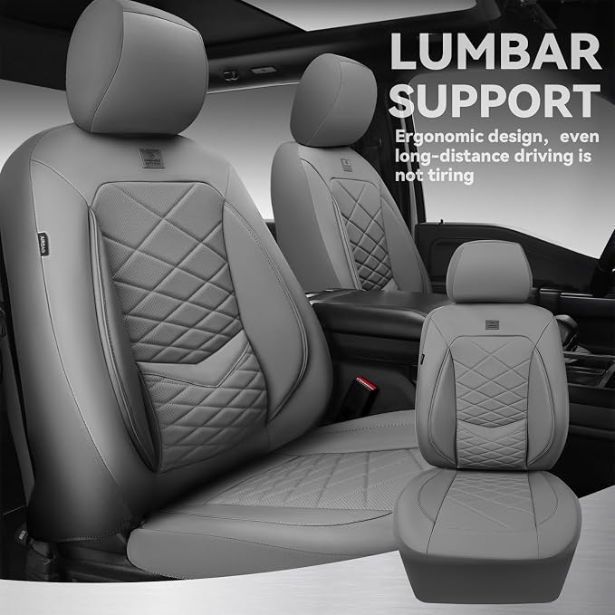 CAR PASS Luxury Nappa Leather Seat Covers Full Set, Water Resistant Faux Leather Seat Cover with Lumbar Support, Breathable Automotive Seat Covers Universal Fit for Sedan SUV Van Truck, Pure Gray