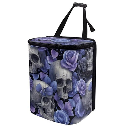 Talayituse Skull Rose Print Car Trash Can Portable Auto Garbage Bin Multifunctional Vehicle Interior Accessories with Adjustable Straps Universal Fit Truck SUV Sedan