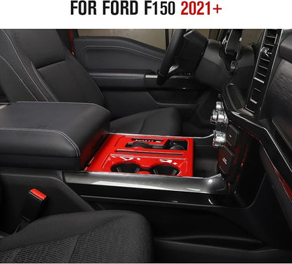 Jimen Compatible with Ford F150 2021-2025, Center Console Gear Shift Panel Trim Cover (Red)