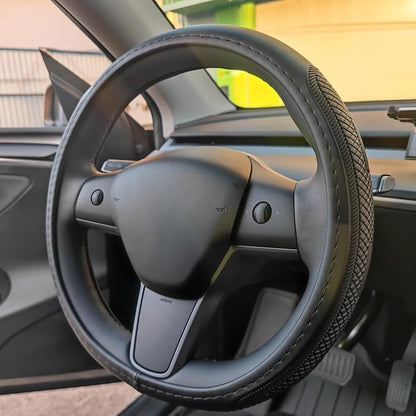 D Shape Steering Wheel Cover for Tesla Model 3 / Y, for Camaro, 14-14.25 Inch Black Leather Car Wheel Cover for Men Women