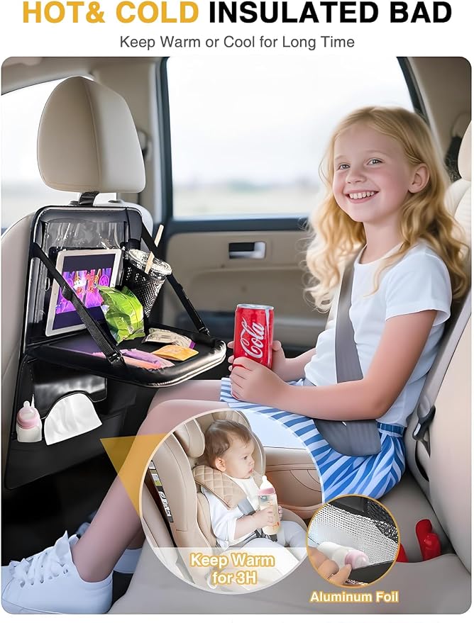 2-Pack Leather Car Backseat Organizer with Tablet Holder–Foldable Food Tray,Storage Pockets,Trash Can,Tissue Holder & Insulated Bag–Kick Mats Protector for Kids,Travel Accessories Organizer