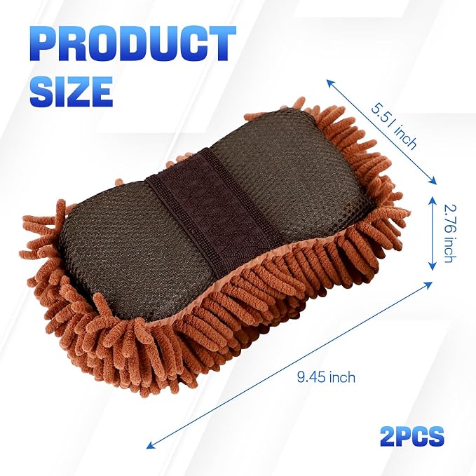 2PCS Microfiber Car Wash Sponge, Double Sided Chenille Microfiber Car Wash Mitt, Scratch Free & Lint Free, Absorbent Automotive Washing Sponges, Auto Cleaning Supplies (Brown)