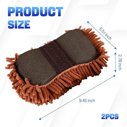 2PCS Microfiber Car Wash Sponge, Double Sided Chenille Microfiber Car Wash Mitt, Scratch Free & Lint Free, Absorbent Automotive Washing Sponges, Auto Cleaning Supplies (Brown)