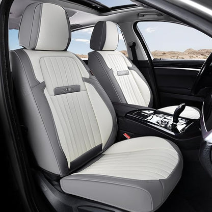 Coverado Car Seat Covers Full Set, Seat Covers for Cars, Car Seat Cover, Car Seat Protector, Leather Car Seat Cushion, Waterproof Car Seat Covers Front Seats and Back Fit for Most Cars(Gray&White)