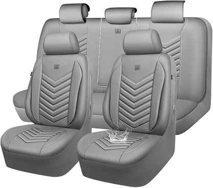 CAR PASS 3D Foam Faux Leather Car Seat Covers Full Set, Waterproof Grey Leather Seat Cover for Cars, Luxury Universal Fit for SUV Truck Sedan Automotive, Armrest Airbag Compatible Anti-Slip, All Gray