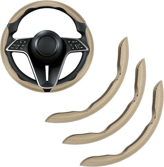 Carbon Fiber Steering Wheel Cover, 3-Piece Set Anti-Skid Comfortable Grip Segmented Butterfly Design, Easy Snap-On Installation Universal Fit 99% Cars, Beige