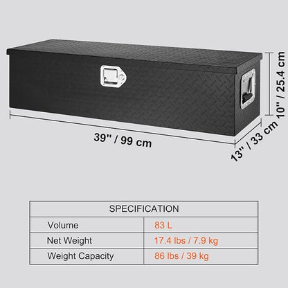 VEVOR Heavy Duty Aluminum Truck Bed Tool Box, Diamond Plate Tool Box with Side Handle and Lock Keys, Storage Tool Box Chest Box Organizer for Pickup, Truck Bed, RV, Trailer, 39"x13"x10", Black