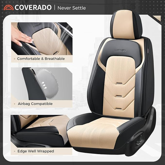 Coverado Car Seat Covers Full Set, Leather Seat Cover for Car, Front and Back Seat Covers, Black & Beige Car Seat Protector, Waterproof Car Seat Cushion Automotive Seat Cover Universal for Most Cars