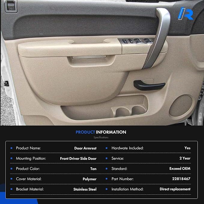 22818467 Front Left Driver Side Armrest Repair Kit Fit for Chevy Silverado 1500 2500HD 3500HD 2010-2014 For GMC Sierra 1500 2500 HD 3500 HD 2010-2014 Door Panel with Release Handle Below Armrest - Tan