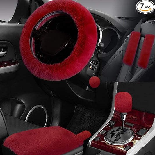 7PCS Set car Interior Aesthetic Accessories, Fluffy 15 inch Steering Wheel Cover, armrest pad, seat Belt Cover,Gear Shift Cover, Fit Girly car Accessories for Women.