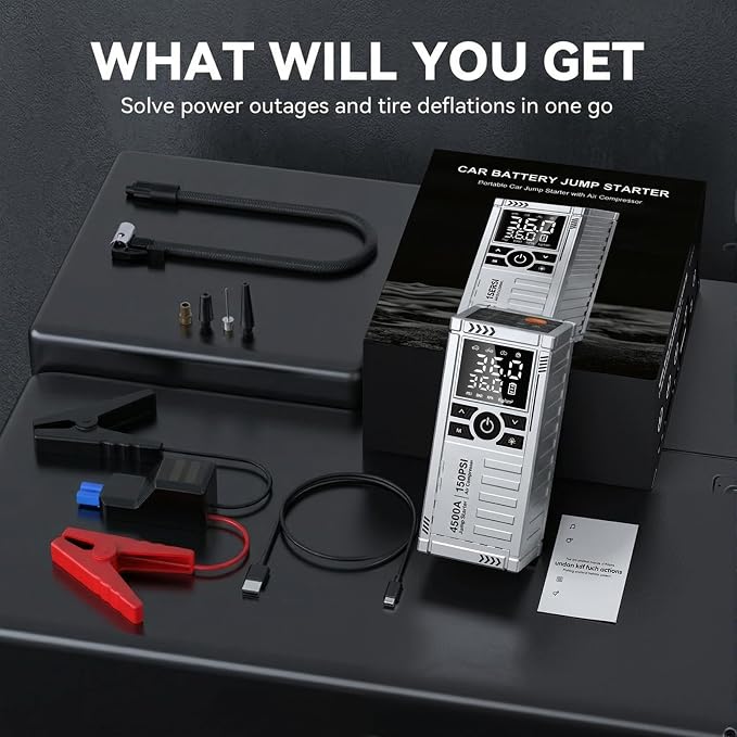 Car Battery Jump Starter with Air Compressor - 4500A Battery Jumper Starter Portable (9.0 Gas/8.0L Diesel) with 150PSI Tire Inflator, 12V Car Jump Box with Jumper Cables, LED Light, LCD Display
