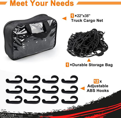 2’x3’ Bungee Cargo Net Stretches to 4'x6' for Truck Bed,Pickup Bed,Trailer,Motorcycle and Bike with 6 Adjustable Hooks Heavy Duty 5mm 2”x2” Mesh Holds Small and Large Loads by Cenipar
