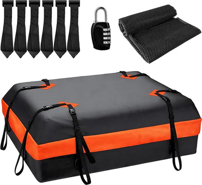 15 Cubic Feet Rooftop Cargo Carrier - Heavy Duty Waterproof Car Roof Bag for All Vehicles with or Without Rack, Includes Anti-Slip Mat, 6 Door Hooks & Luggage Lock