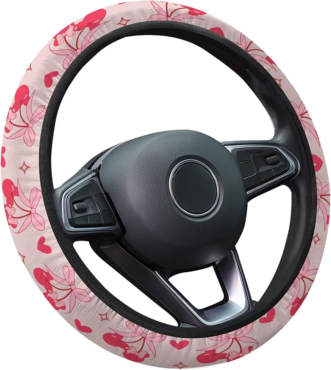 GENANY Pink Cartoon Mouse Steering Wheel Cover, Non Slip Polyester Car Wheel Protector for Car SUV Truck, Universal 15 Inch